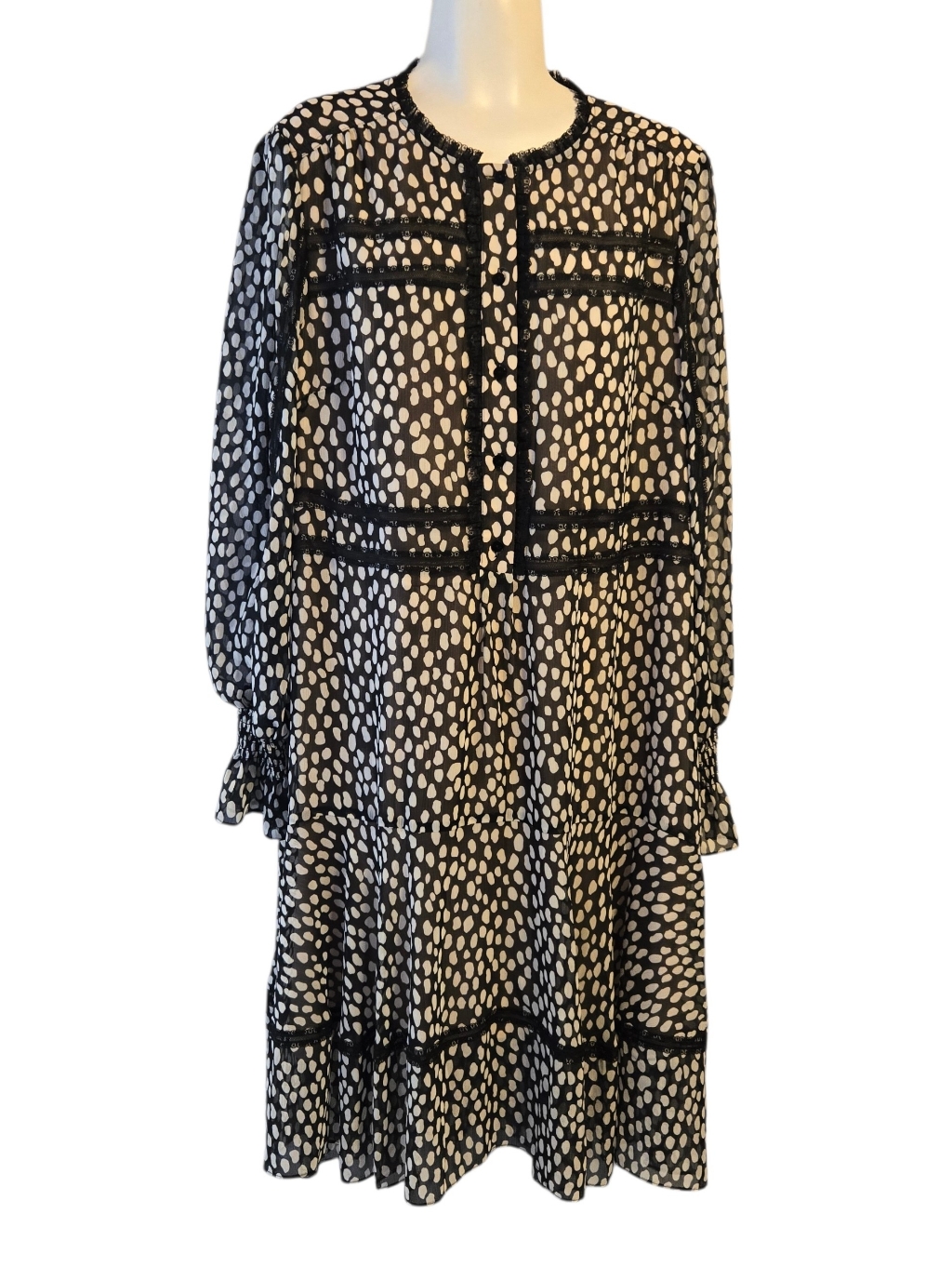 Me+Em Polka Dot Sheer Midi Dress Lace Trim Tiered Black/White Size 16